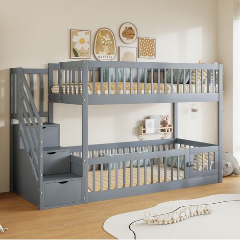 Letto a castello 90x200 cm grigio in legno massello con scala contenitore e barriera di sicurezza (1/5)