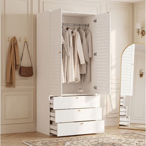 MODFU – Armario 90x50x200 cm con 2 puertas de persiana, ropero y 3 cajones – Blanco (1/5)