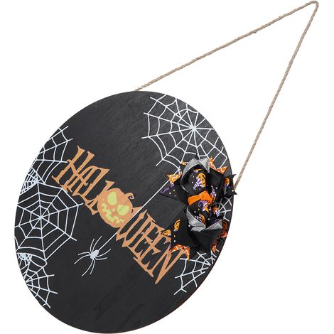 Willkommensschild aus Holz mit Spinnennetzmuster zum Aufhängen an der Tür – ideal für Halloween-Familienfeiern. Inklusive schwarzer Schleife. (1/5)