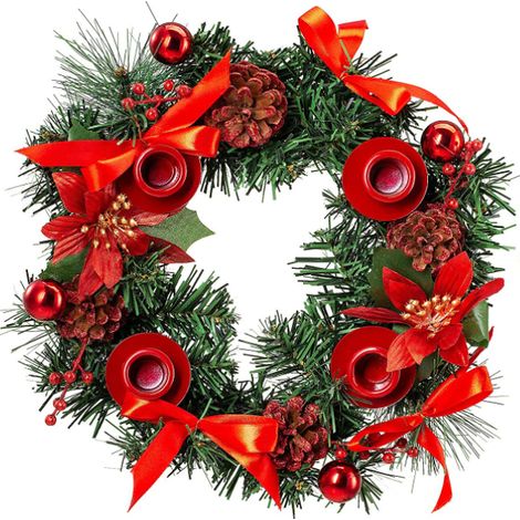 Pine Christmas Advent Wreath with Pine Cones Berries Advent Wreaths Ring Candle Holder Xmas Candle Holder Table Centerpiece Desk Decoration, Diameter 30cm - Red (1/5)