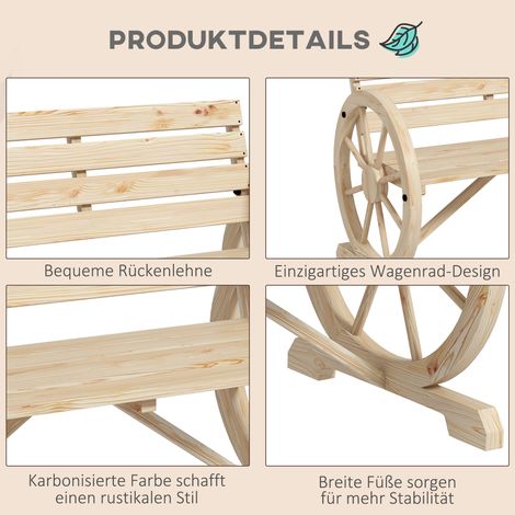 Banque de jardin design roue de charrette, 2 places, bois naturel, brun foncé, 105,5 x 56 x 79 cm (1/5)