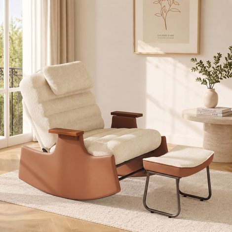 Poltrona a dondolo con poggiapiedi, poltrona lounge regolabile in altezza con poggiatesta e imbottitura spessa, morbido tessuto effetto montone, beige (1/5)