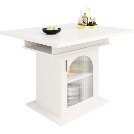 Esstisch fuer 6 bis 8 Personen mit Auszug, 3 verstellbaren Ablagen und Glastueren, aus MDF, 110-140 x 80 x 76 cm, Weiss (1/5)