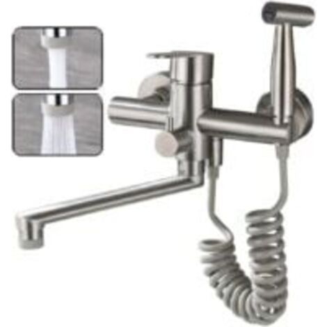 Robinet De Cuisine Montage Mural Tréfilage En Acier Inoxydable 304 De Qualité Alimentaire Avec Pistolet Et 2 Types De Jet D'eau évier Mitigeur Mural Pivotant à 360° Robinetterie (Nickel brossé) (1/5)