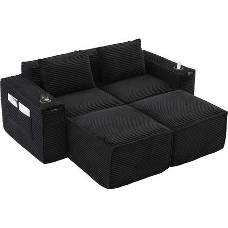 CHICFURN Divano modulare 2 posti 188x162x75 cm in corduroy nero con portabicchieri e vani (1/5)