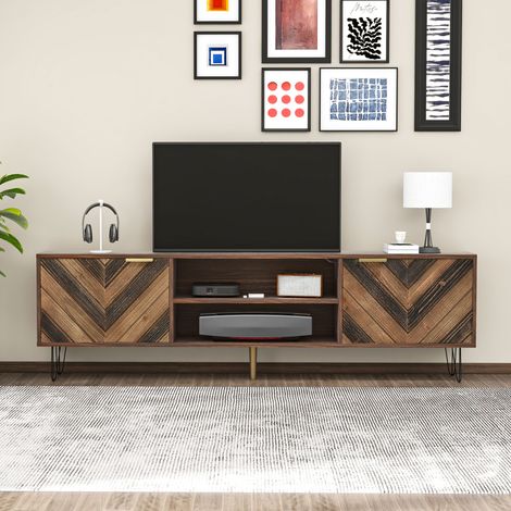 meuble tv rangement 155 cm bois naturel avec pieds fer OKMYHOME (1/5)