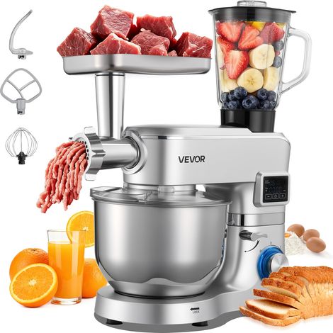 VEVOR Robot da Cucina Elettrico Multifunzionale da 1500 W con Ciotola in Acciaio Inox 5,7 L e Ciotola per Mescolare 1,5 L, Impastatrice con 6 Velocita e Gancio per Impastare, Frusta e Sbattitore (1/5)