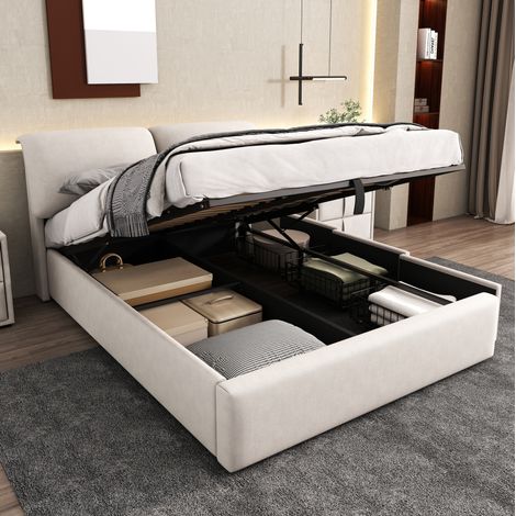 MODFU – Cama con almacenamiento 140x200 cm de terciopelo con arcón hidráulico, 3 cajones, cabecero regulable y somier de láminas – Beige (1/5)