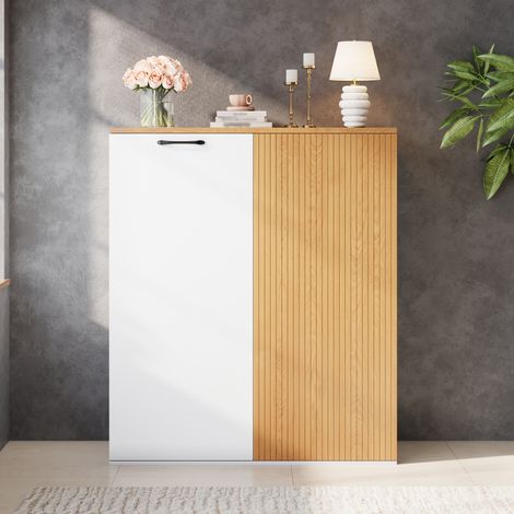 Armario de oficina - 80 x 40 x 110 cm - aparador alto mueble de almacenaje con puertas de listones, cierre suave - estilo moderno - mdf - blanco, roble (1/5)