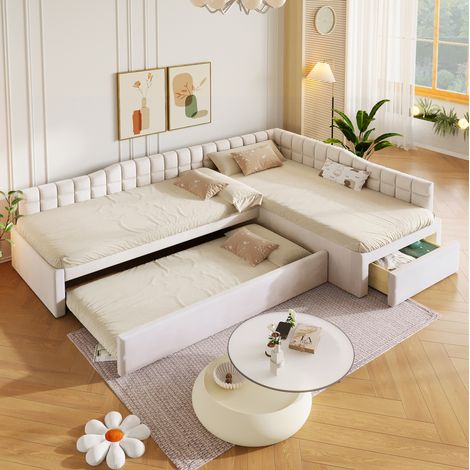 Cama nido con cajones beige de flanela 90x200 OKMYHOME (1/5)