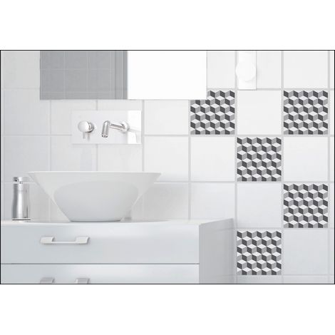 Sticker carrelage adhésif 3D gris, 15x15 cm, 6 pièces, effet trompe l'oeil décoratif pour carrelage mural et sol intérieur. (1/5)