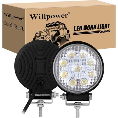 Phare de Travail LED 10CM 27W 12V 24V Flood pour Tracteur Voiture  2PCS Feu Antibrouillard LED Rond, 6000K Blanc, Etanche IP67, pour 4x4 Quad Camion Offroad Véhicule Bateau ATV (1/5)