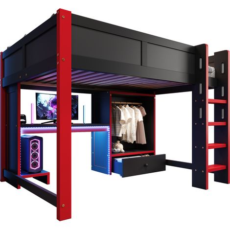 Lit mezzanine gaming 140x200 cm avec bureau, armoire, étagères et éclairage LED RGB, structure en bois de pin, noir et rouge, pour ado gain de place – CHICFURN (1/5)