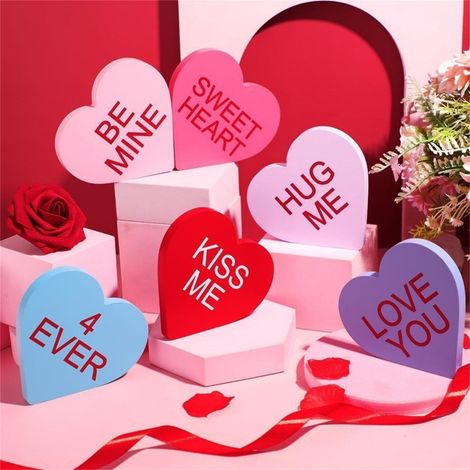 Coeur En Bois - Décoration Pour La Saint-Valentin - Forme De Cœur Accrochable Ou Sur Table - 6 Pièces - 6,8 x 6,7 x 1,5 cm (1/5)
