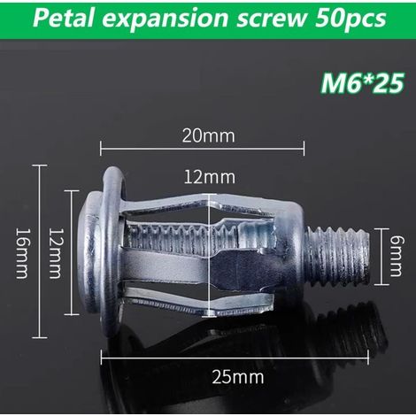 50 Stück M6 Hohlraumdübel, M6 x 25 Blütenblattmuttern, Spreizdübel, Befestigungen für Hohlwände, Blechbefestigungen, geeignet für Hohlwände, Eisen und Metall (1/5)