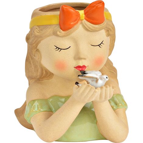 Vase petite fille et colombe en faience 15 x 16 cm beige