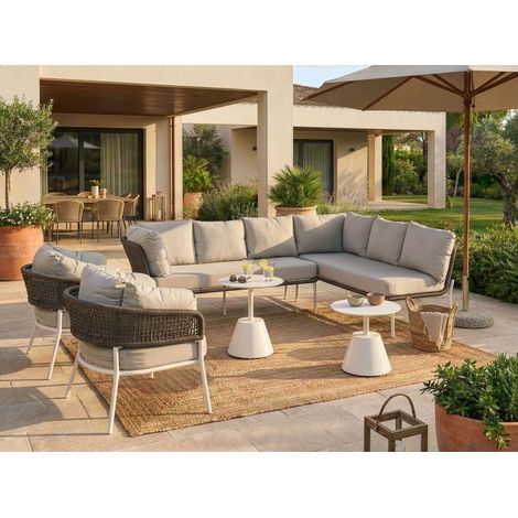Conjunto de jardín de 7 plazas con sofá esquinero y sillones de estilo trenzado y 2 mesas de centro beige Robella (1/5)