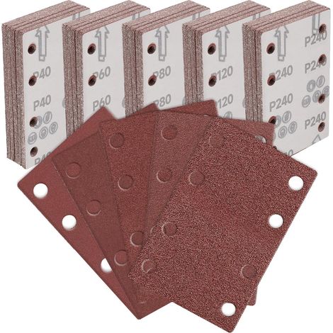 100 Pièces Feuilles Abrasives, 80x133mm Papier de Verre 40/60/80/120/240 Grains 8 Trous pour Ponceuse Vibrante/Orbitale Papier Abrasif Rectangulaire pour Ponçage Bois, Métal et Peinture (1/5)