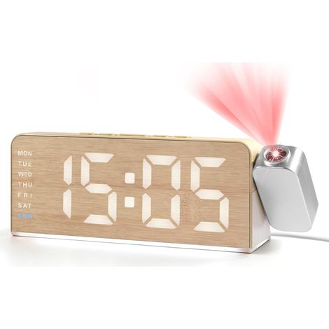 Reveil Projecteur Plafond avec Rotation à 180 degrés 8 virgule 2 pouces Grand Écran LED Motif Bois Horloge Digitale Snooze 3 Niveaux (1/5)