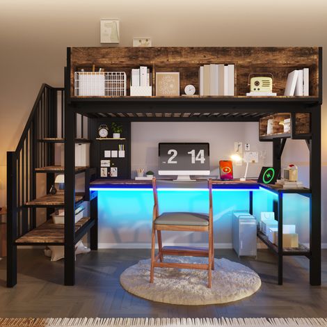 lit enfant mezzanine bureau rangement 90x200 bois OKMYHOME (1/5)
