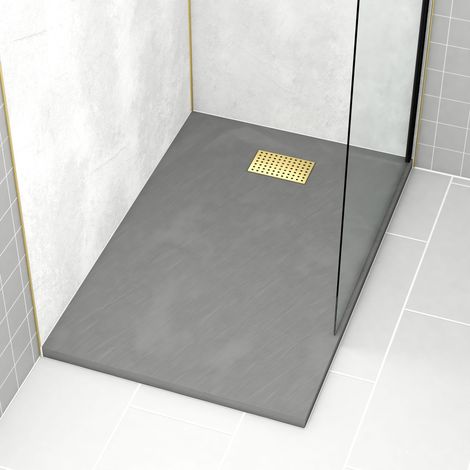 Piatto Doccia Grigio Effetto Pietra 80x120 cm e Griglia motivo Perforato Oro Spazzolato