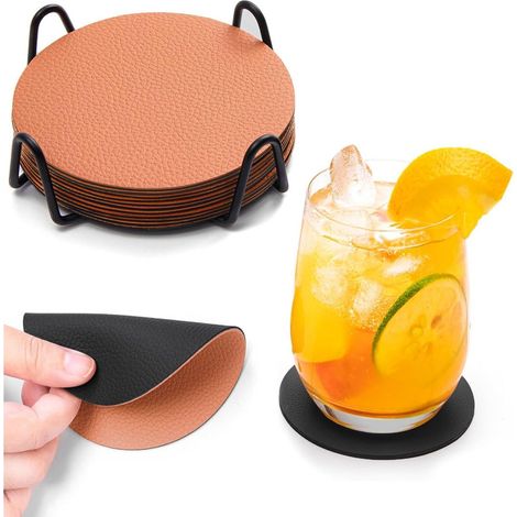 Untersetzer Glasuntersetzer 12er Set Kunstleder Schwarz Braun Rund (1/5)