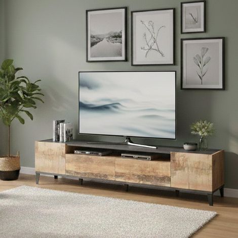 Meuble TV, Buffet bas de salon avec 2 portes, Base pour meuble TV, 200x40h47 cm, Ardoise et Érable (1/5)