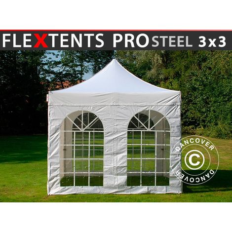 Faltzelt FleXtents PRO Steel Vintage Style 3x3m Weiß, mit 4 Seitenwänden