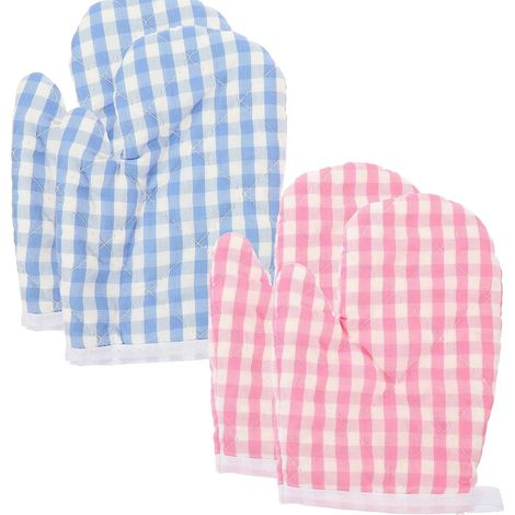Lot 4 gants de micro-ondes, et résistant chaleur, avec poignée antidérapante, gants de cuisson isolants et la pâtisserie, à carreaux bleus et roses (1/5)