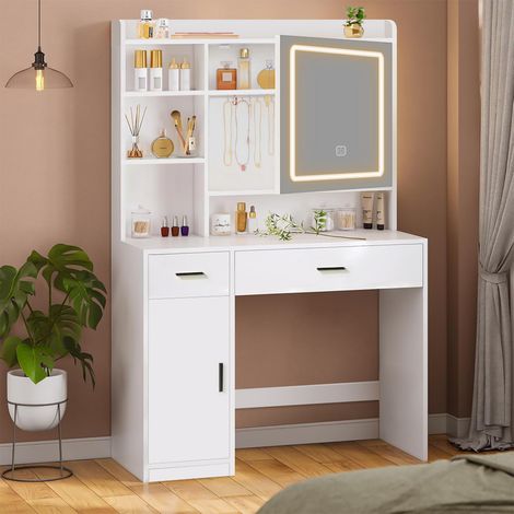 Coiffeuse avec Miroir LED, Luminosité Réglable, 3 Couleurs, Coiffeuse avec Grand Miroir, 2 tiroirs 5 Étagères et 1 Armoire, Rangement Caché, 40P X 80L X 140H cm, Blanc (1/5)