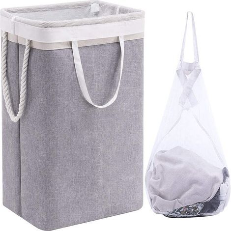Grand Panier à Linge 60 x 41 x 31 cm , Sac à Linge Pliable avec Poignées en Corde Poubelle de Rangement Adaptée à la Chambre à Coucher la Buanderie Salle de Bain Beige+Gris (1/4)