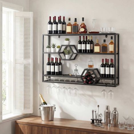 3-Tier Black Metal Wall Wine Rack with Glass Holder (1/5)