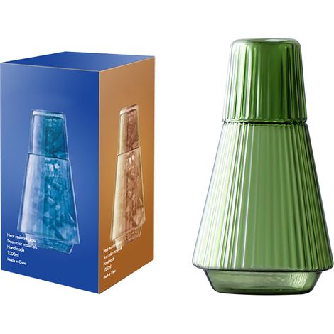 Wasserkaraffe mit Glas, 1000 ml, temperaturbeständiges Glas (-20 bis 150 °C), grün, Karaffe und 150-ml-Glas, 2-teiliges Set, Vintage-Verzierungen, gerippte Gravur, elegantes Geschenk (1/5)