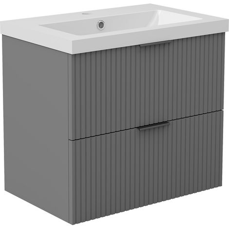 Acezanble 600mm Bathroom Vanity Unit with Resin Basin 2 Drawer Wall Hung Black Handles Matt Grey Bathroom Cabinet Storage Furniture (1/4)