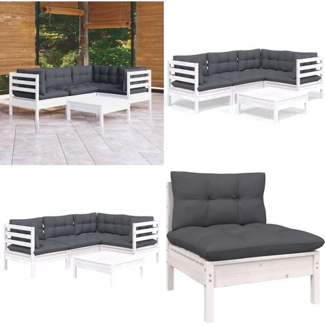 5-tlg. Garten-Lounge-Set mit Kissen Weiß Kiefernholz - Garten Lounge Set - Kiefernholz Möbel - Outdoor Möbel - Gartenmöbel - Esstisch - Home & Living