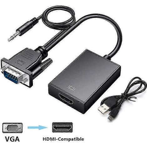 Adaptateur convertisseur VGA vers HDMI avec câble audio, câble VGA mâle vers HDMI femelle, adaptateur VGA 1080p, adapté à la connexion d'ordinateurs portables PC à des téléviseurs HD et des projecteur (1/2)