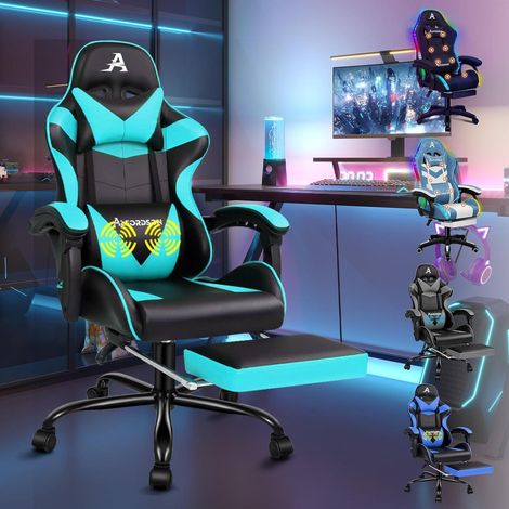ALFORDSON Massage-Gaming-Stuhl 150° Neigung ergonomisch PU-Leder Fußstütze Cyan (1/5)