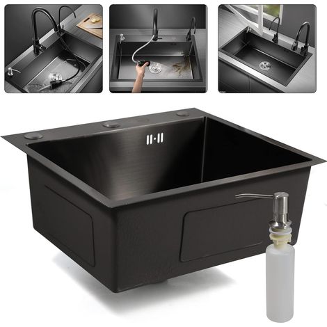 50 x 45 cm Évier de cuisine encastrable en acier inoxydable noir 1 bac pour cuisines et salles de bain + distributeur de savon noir (1/5)