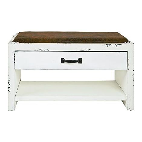 Banc vintage 1 tiroir 72x38x42 cm blanc vieilli motif Love (1/4)