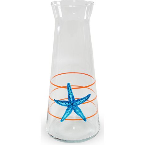 WD LifeStyle Caraffa in Vetro Decorata 1 Lt Decoro Stella Marina si Righe Arancioni