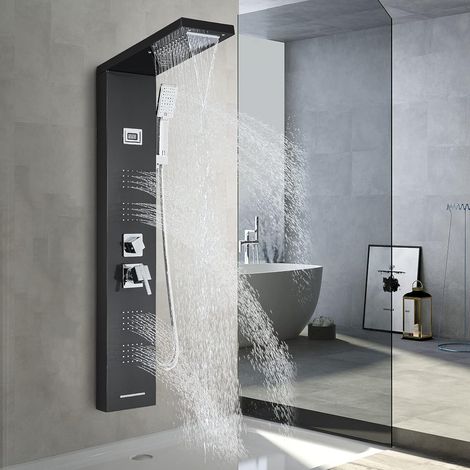 Colonne de Douche Noir avec Affichage LCD et Douchette 3 fonctions,Hydromassante et Douche Cascade Ensemble de Douche Multifonctionnel en Acier Inoxydable Zamery