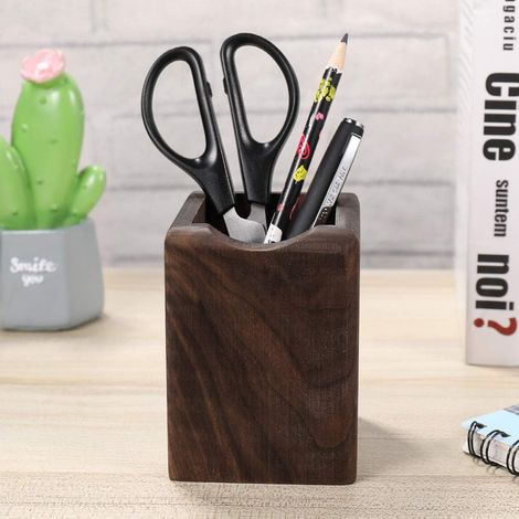 Porte-stylo, porte-pinceau de maquillage, boîte de rangement de bureau en bois noyer noir fournitures de bureau école maison accessoires de bureau (1/4)