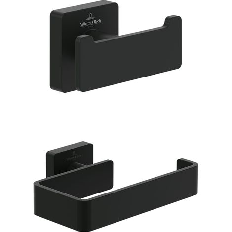 Villeroy & Boch Elements-Striking Accessoire-Set (2 in 1 Bundle), Bad Zubehör Set bestehend aus Doppel-Handtuchhaken und Toilettenpapierhalter ohne Deckel, Matt Black