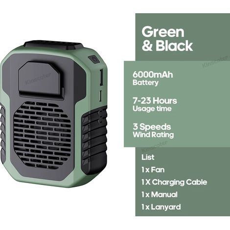 (Vert) Ventilateur de taille mural extérieur, capacité de 6000 mAh, trois vitesses de vent, fonctionnement silencieux, longue durée de vie. (1/5)