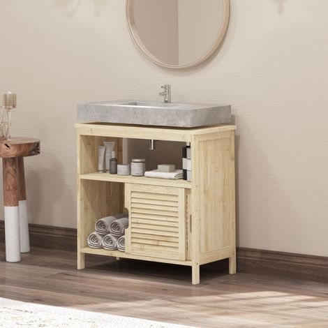 Unterschrank aus Bambus, Badezimmerschrank mit 2 Türen, 60 x 30 x 60 cm, Naturholz