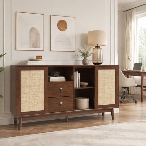 Aparador de madera oscura con 3 puertas correderas de ratán, 2 cajones y gran capacidad, estructura en MDF y tablero de partículas, ideal para salón o recibidor CHICFURN (1/5)
