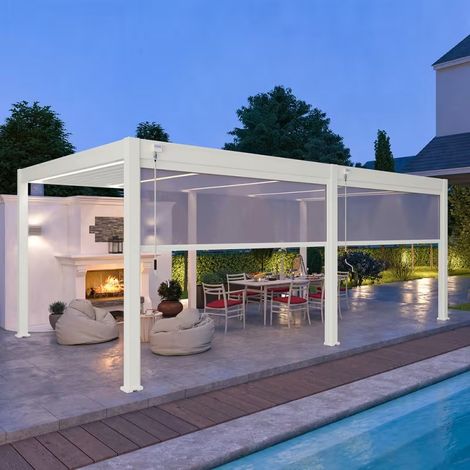 OMBREA Pergola autoportante 6 x 4 m avec 2 stores de 3 m - aluminium blanc - toiture bioclimatique étanche (1/2)