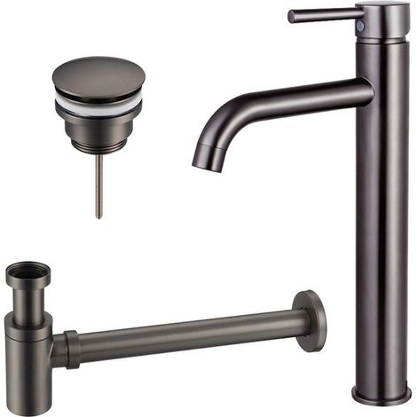 Fortifura Calvi Kit mitigeur lavabo - robinet rehaussé - bonde clic clac - siphon design bas - PVD Gunmetal