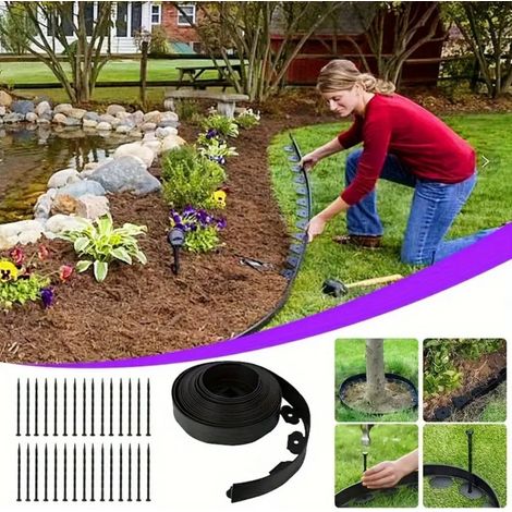 Bordure de pelouse de 10 m avec 30 piquets en plastique pour allées, entrées de garage, fleurs et plantes (1/5)