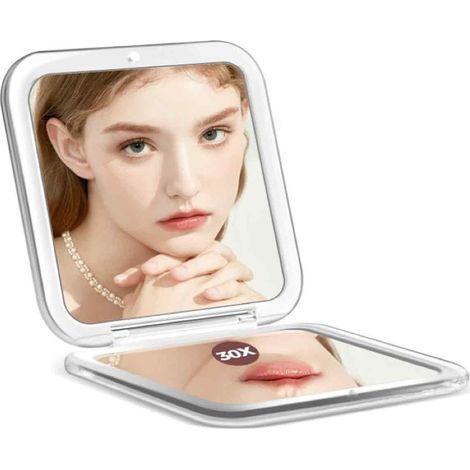 Miroir Compact - Grossissement 1x Et 30x - Pour Maquillage Et Soins Visage - Blanc - 8,3 X 8,3 X 1,4 Cm - 100 G